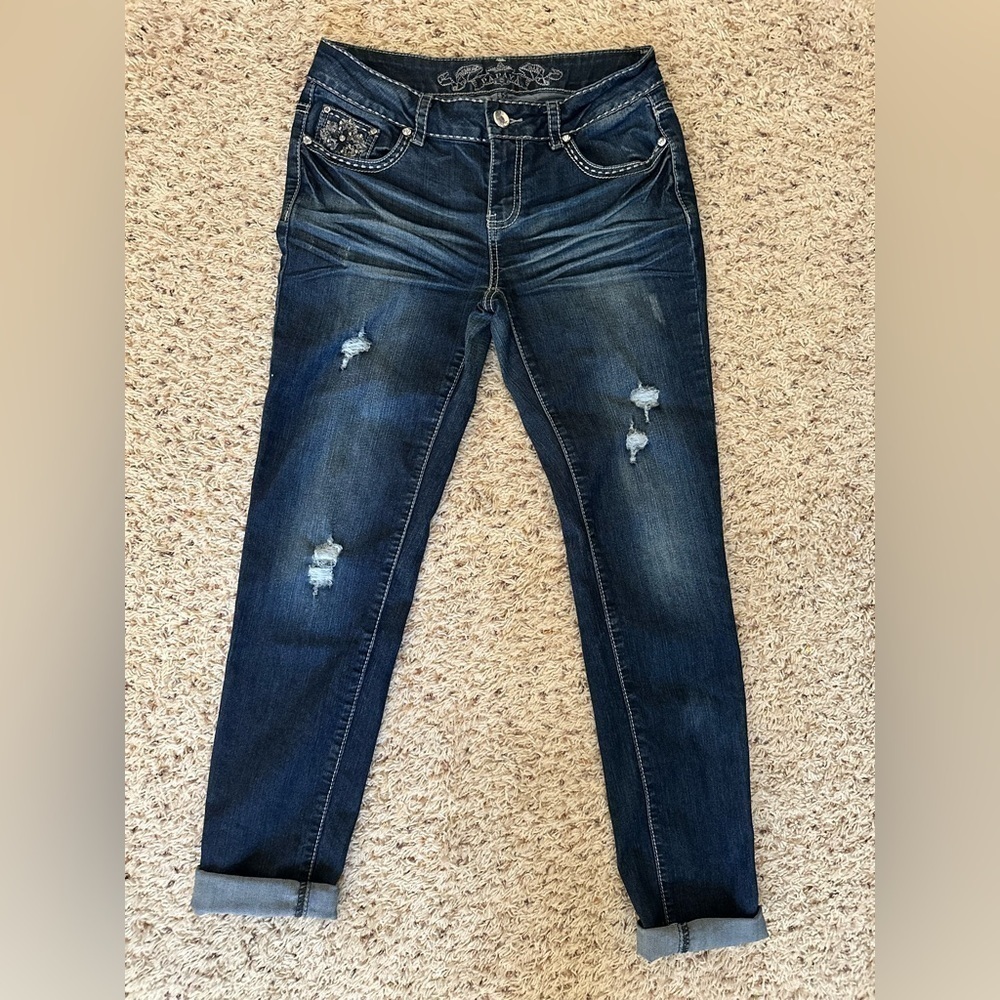 Women's PAPAYA PREMIUM Dark Wash Distressed Denim Western Bejeweled Jeans Cotton